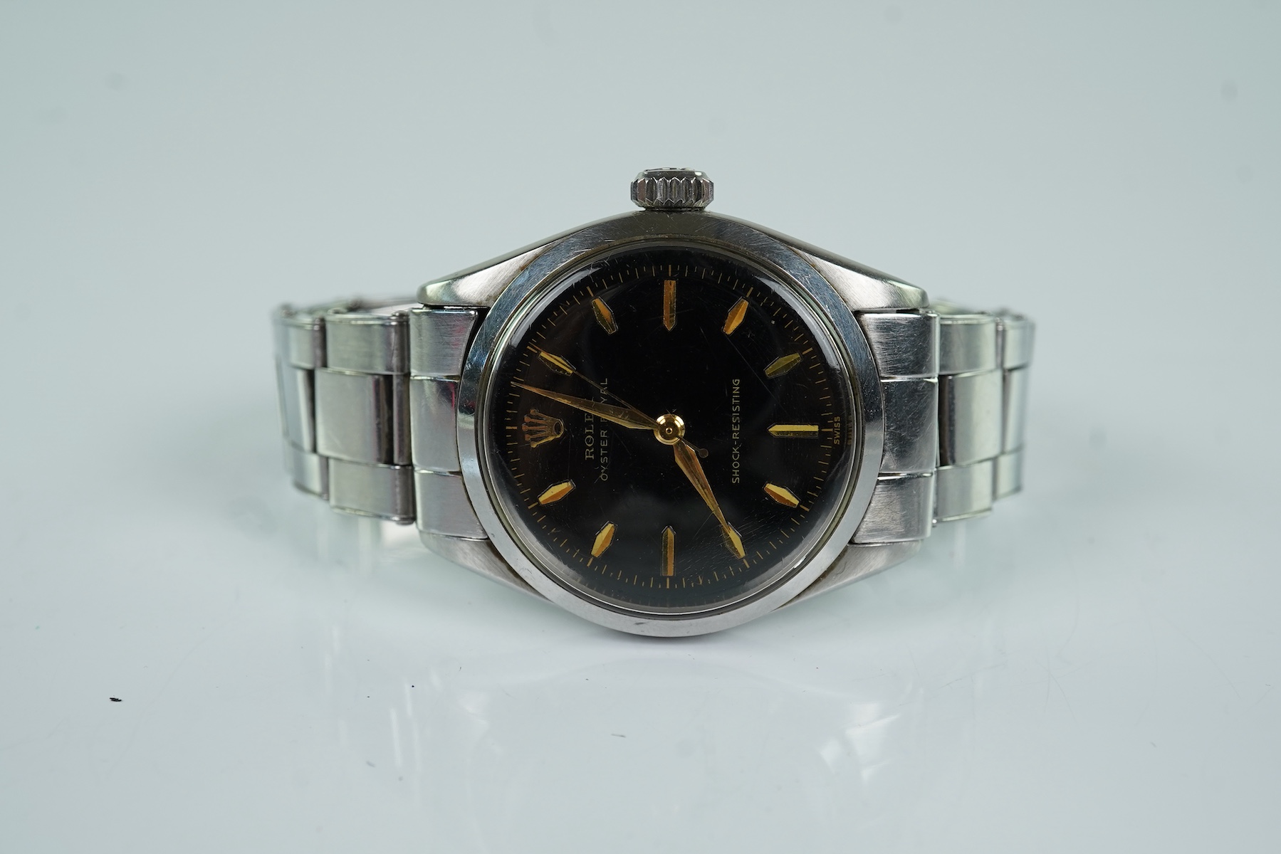 A gentleman's 1950's stainless steel Rolex Oster Royal shock-resisting manual wind mid-size wrist watch